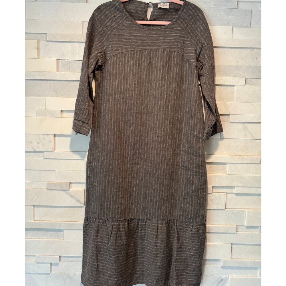 WRAP LONDON 100% Linen 3/4 Sleeve Striped Midi Ruffle Hem Dress Taupe Gray US 8